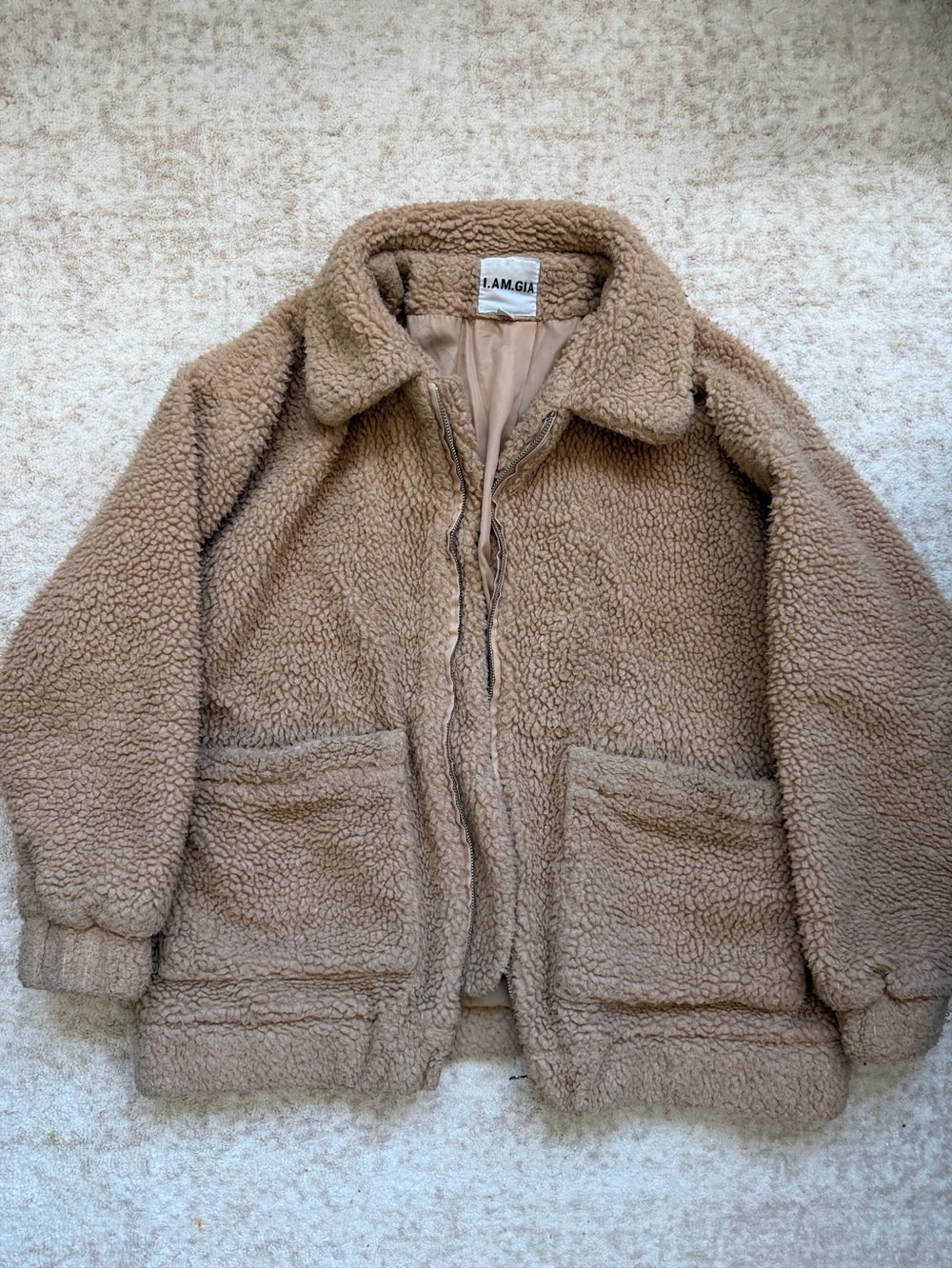 I.AM.GIA Oversized Plush Sherpa Teddy Jacket in Camel Beige (XS)